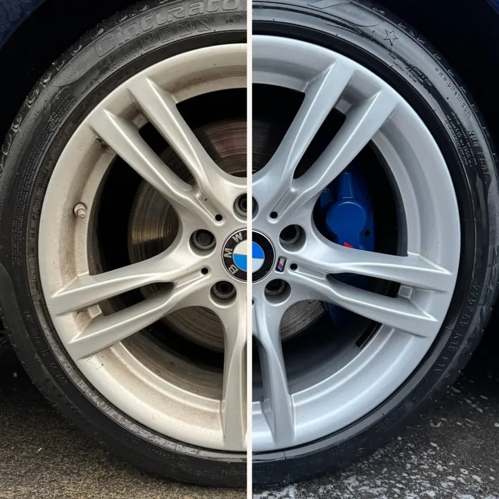 Avant après detailing jante BMW M Sport par Presticar avec étrier bleu remis à neuf